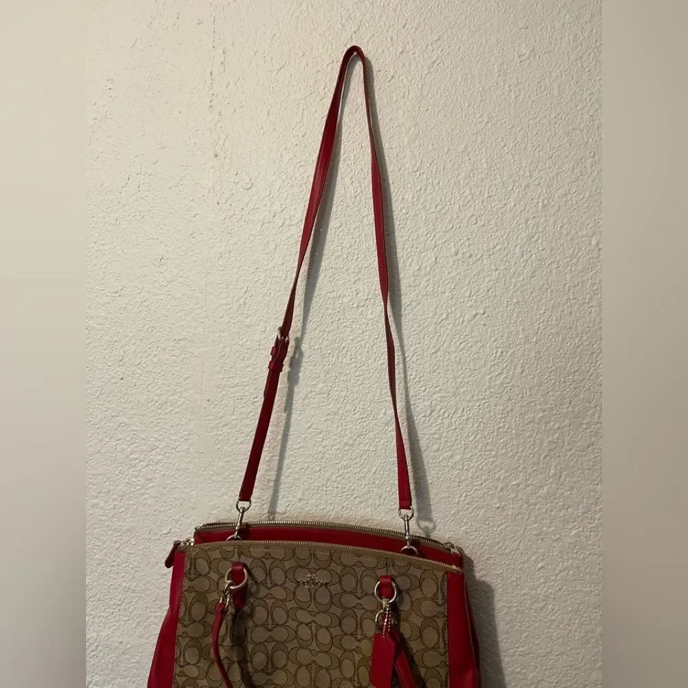 Coach Red and Tan Shoulder Bag with Signature Monogram
